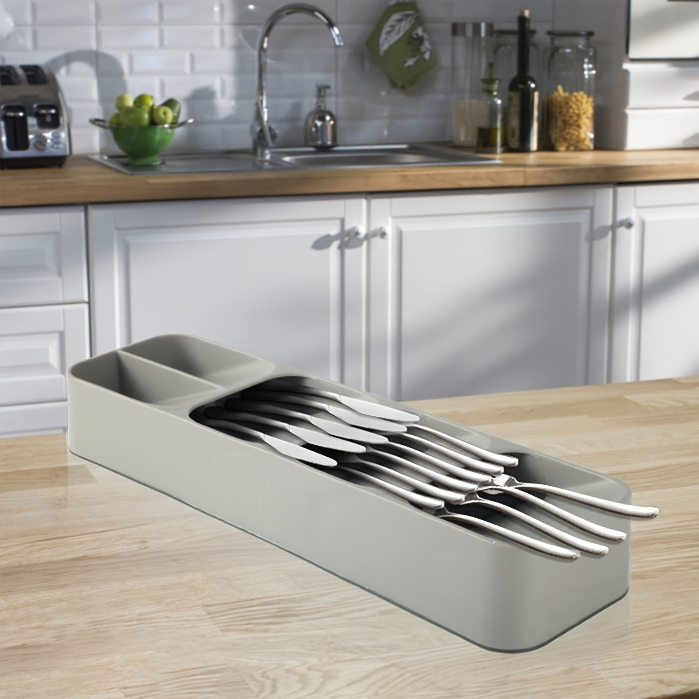 1pc Multifunctional Knife And Fork Compartment Storage Box; Cutlery Spoon Box Knife And Fork Divider Organizer; Kitchen Drawer Storage Box Tray; 5.5inch/4.3inch