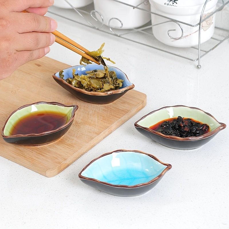1pc Leaf Shaped Saucer; Handcraft Ceramic Small Plate; Ice Crack Glaze Seasoning Sauce Flavouring Plates; Tableware; Kitchen Supplies; 10.5*7*2.5cm / 4.13*2.76*0.98inch