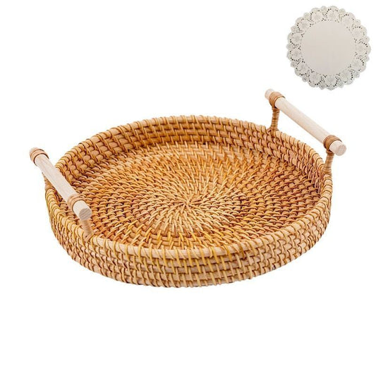 1pc Rattan Woven Tray; Bamboo Woven Fruit Plate; Breakfast Steamed Bun Basket; Snack Bread Snack Woven Basket; Fruit Basket