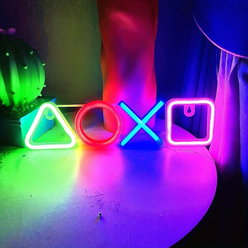 1pc PS Game Symbol Shape Neon Sign, PS Game Chart Lamp Battery/USB Power Supply, Used For Table And Wall Decoration Lights, Suitable For Game Room Dormitory Day Home Decoration, 13.7x3.4in