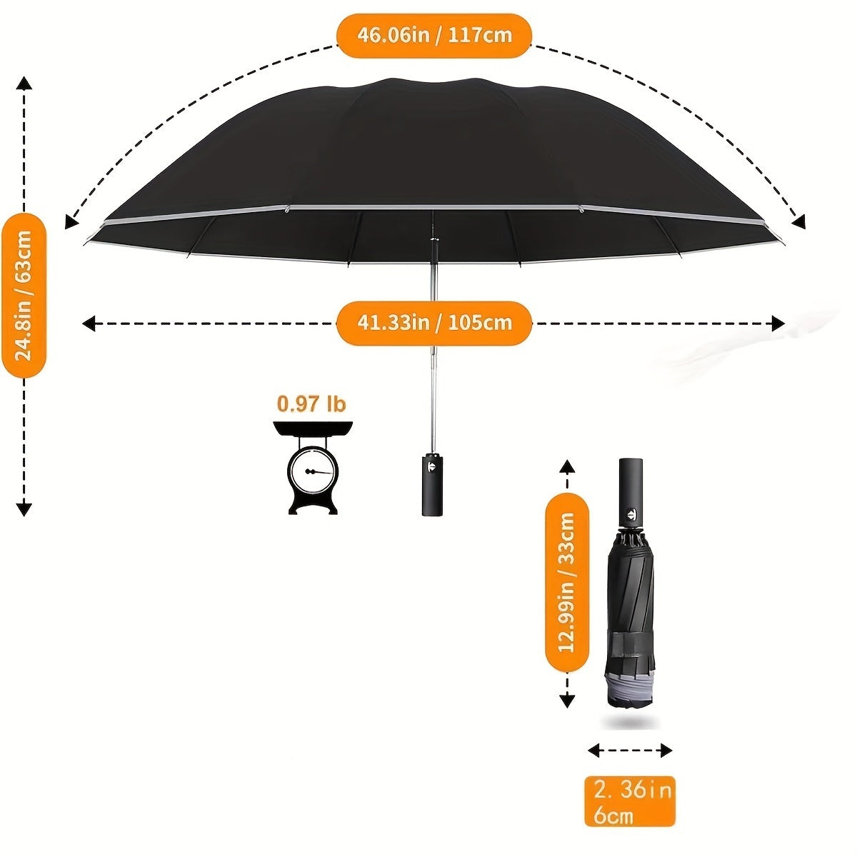 Umbrella Windproof Travel Umbrella Night Reflective Strip 99% Sun Protection Compact Folding Reverse Umbrella
