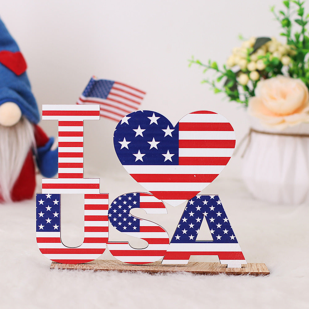 1pc 4th Of July Wooden Ornament; Independence Day I Love USA Wooden Alphabet Ornament; Holiday Decoration For Bedroom Living Room Tiered Tray Ornament; Holiday Accessories