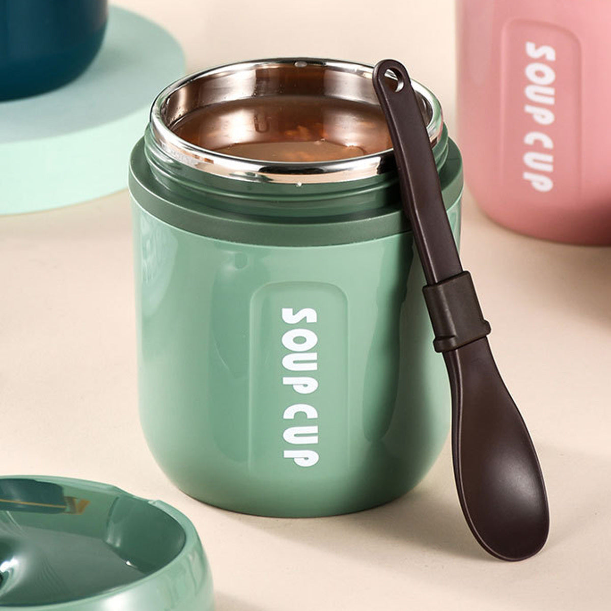 16.23oz; Food Flasks Stainless Steel Lunch Flask With Foldable Spoon Vacuum Insulated Soup Container Protable Lunch Container With Silicone Rope Food Leak Proof Food Soup Flasks For Adult