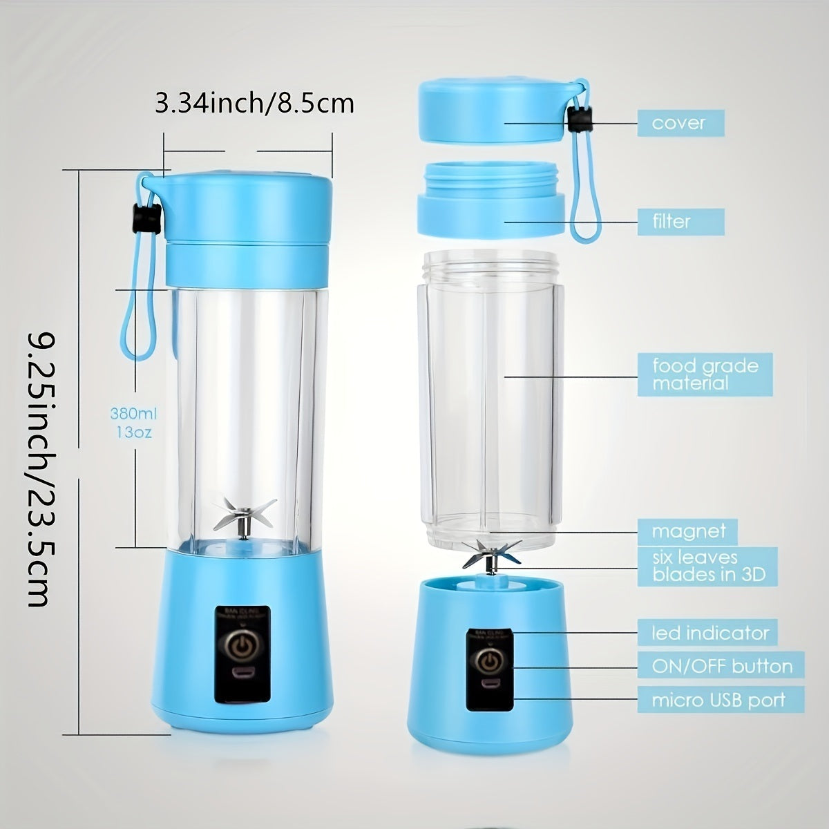 1pc 380ML Portable Blender With 6 Blades Rechargeable USB ; Personal Size Blender For Shakes And Smoothies; Traveling Fruit Veggie Juicer Cup