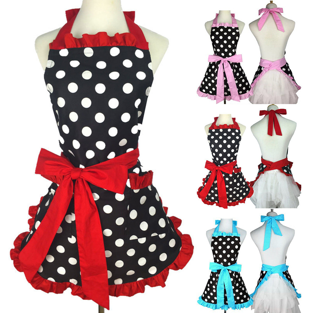 1pc Cute Apron, Retro Polka Dot Aprons, Ruffle Side Vintage Cooking Aprons With Pockets, Adjustable Kitchen Aprons For Women Girls, Waitress Chef, For Girls, Polyester Cotton Aprons