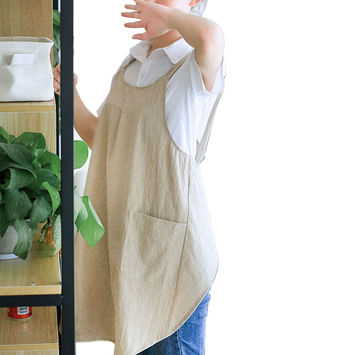 1pc Cotton Linen Apron; X-Back Aprons With Pockets; Halter Apron For Chef Gardening Cooking Baking Florist Shop Painting Pinafore Barista; Bib Overalls