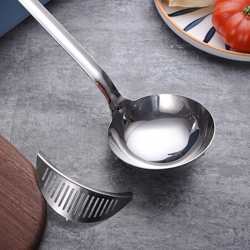 1pc 2 In 1 Soup Spoon, Long Handle Home Ladle Strainer, Stainless Steel Cooking Colander, Kitchen Porridge Scoop Tableware Tool